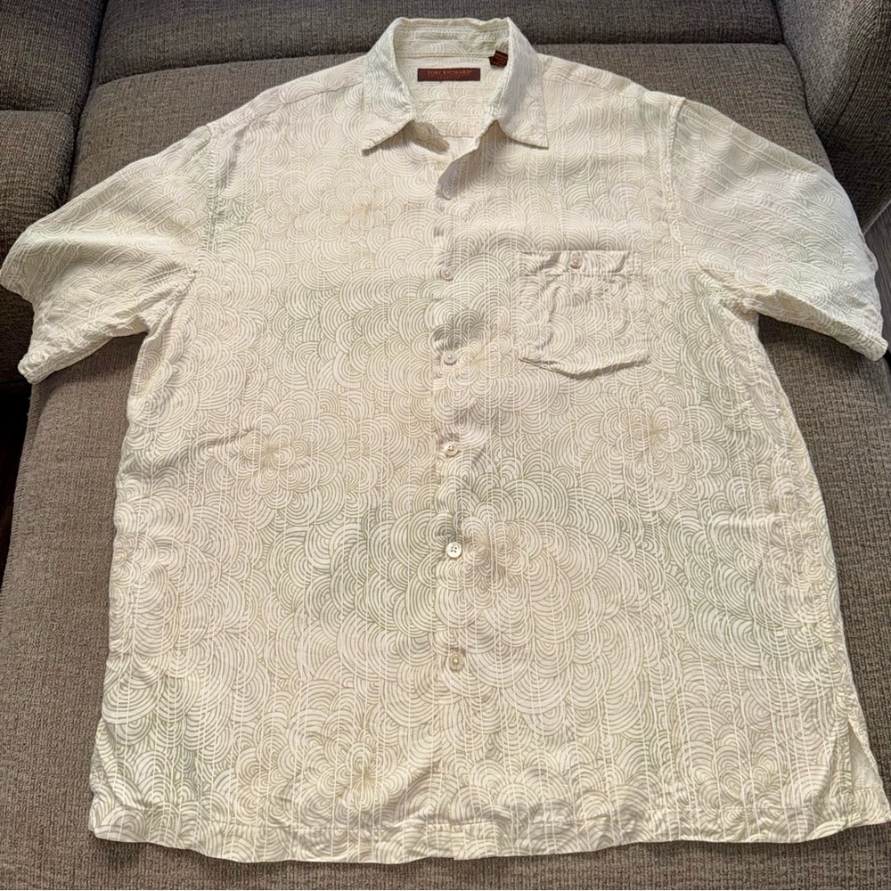 Tori Richard Hawaiian Silk Large Tan Green Embroidered Button Down Dress Shirt